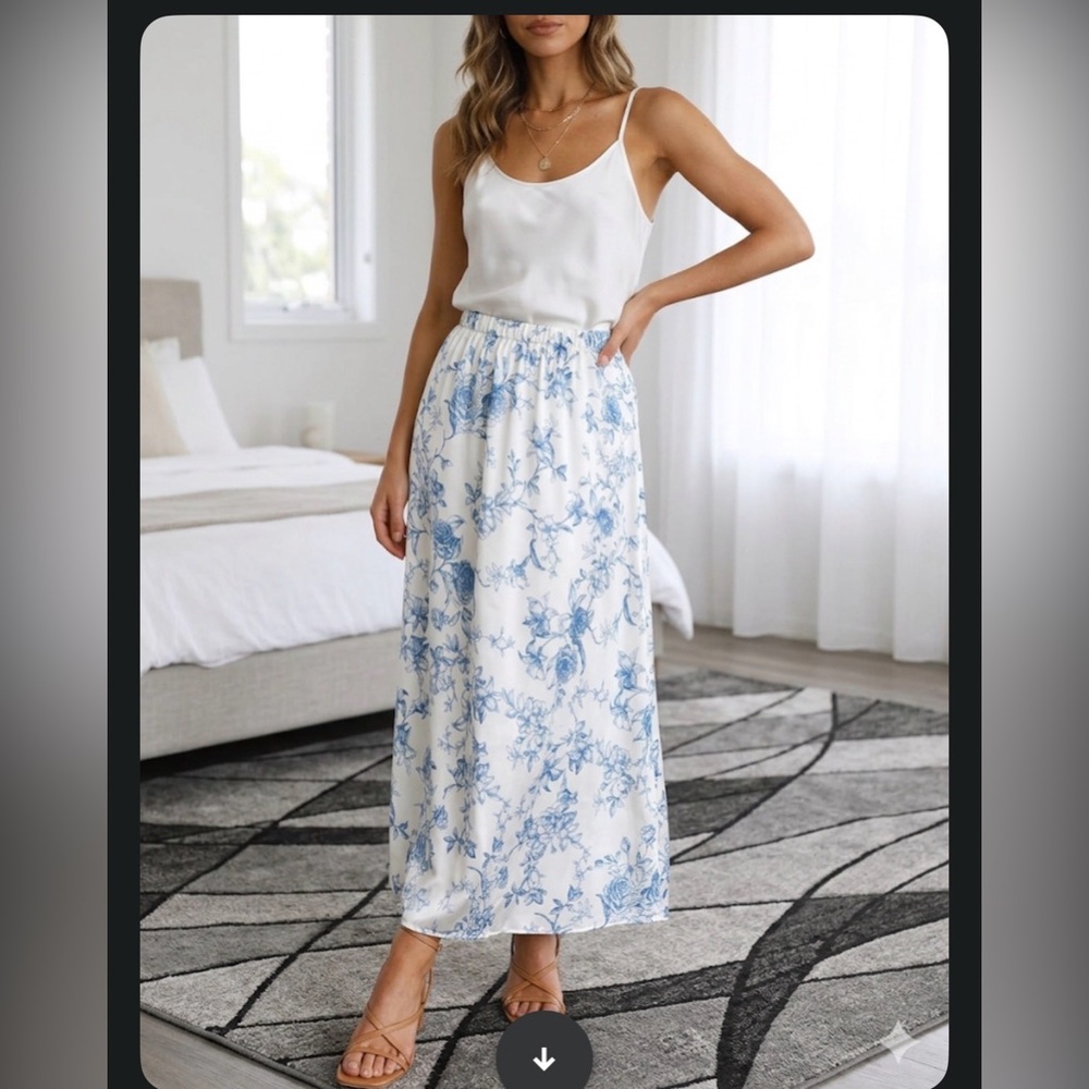 Wayf White Maxi Skirt with Blue Floral Motif